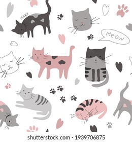 cute vector seamless pattern with hand drawn difference cats, paws, naive childish ornament. pattern for printing on fabric, clothing, wrapping paper, wallpaper for a kid's room, baby things