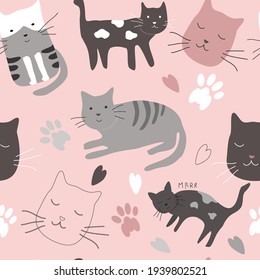 cute vector seamless pattern and hand drawn difference cats  paws  naive childish ornament  pattern for printing fabric  clothing  wrapping paper  wallpaper for kid's room  baby things