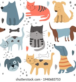 cute vector seamless pattern with hand drawn difference pets (cats and dogs) naive childish ornament. pattern for printing on fabric, clothing, wrapping paper, wallpaper for a kid's room, baby things