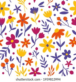 Cute vector seamless pattern with hand drawn floral ornament on a white background. Patern for printing on clothing, fabric, wrapping paper, flower background, wallpaper. Pastel spring background.