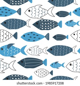 cute vector seamless pattern with hand drawn fishes in blue tones on white background. childish pattern for printing on fabric, clothing, wallpaper, wrapping paper