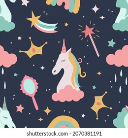 cute vector seamless pattern with hand drawn unicorns, pony, stars, crowns and comets on a dark blue background. childish flat illustration for printing on fabric, kids clothing, wrapping paper