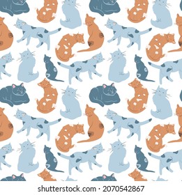 cute vector seamless pattern with hand drawn cats in various poses. childish ornament. pattern for printing on fabric, clothing, wrapping paper, wallpaper for a kid's room, baby things