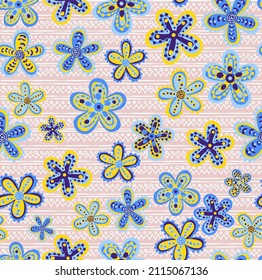 Cute vector seamless pattern with hand drawn flowers. Stylized plants for printing on fabrics, paper and various souvenirs