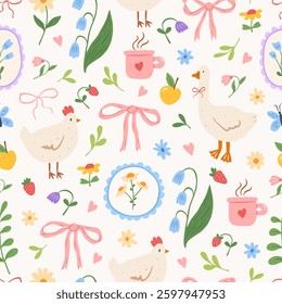 Cute vector seamless pattern with hand drawn flowers, bows, goose, chicken, leaves and herbs, strawberry. Cottagecore style. Spring and summer cozy background. Gardening and country lifestyle.