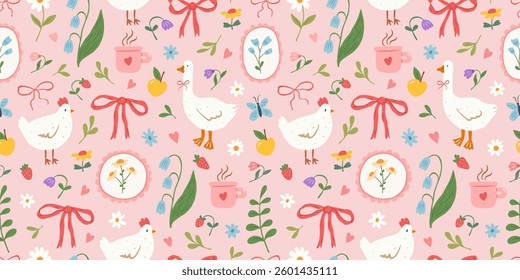 Cute vector seamless pattern with hand drawn flowers, bows, goose, chicken, leaves and herbs, strawberry. Cottagecore style. Spring and summer cozy background. Gardening and country lifestyle.