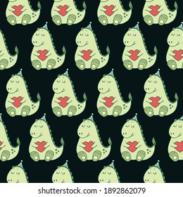 cute vector seamless pattern with hand-drawn dinosaur lovers and hearts. It can be used as wallpaper, poster, print for clothing, fabric, textiles, notebooks, packaging paper, scrapbooking.