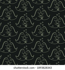 cute vector seamless pattern with hand-drawn dinosaur couple in love and hearts. It can be used as wallpaper, poster, print for clothing, fabric, textiles, notebooks, packaging paper, scrapbooking.