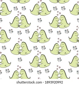 cute vector seamless pattern with hand-drawn dinosaur couple in love and hearts. It can be used as wallpaper, poster, print for clothing, fabric, textiles, notebooks, packaging paper, scrapbooking.