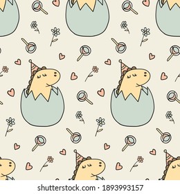 cute vector seamless pattern with hand-drawn newborn baby dinosaur in egg and rattles. It can be used as wallpaper, poster, print for clothing, fabric, textiles, notebooks, packaging paper