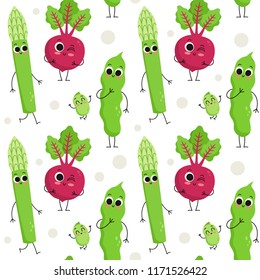 Cute vector seamless pattern with happy cartoon vegetable characters on dotted background: asparagus, beet and beans