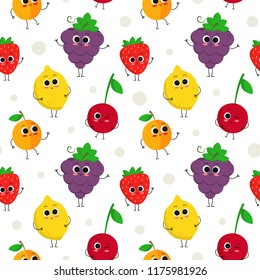 Cute vector seamless pattern with happy fruit characters isolated on dotted background: grape, apricot, strawberry, cherry and lemon