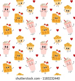 Cute vector seamless pattern with happy fast food dessert characters isolated on white background with hearts: milkshake, waffle and muffin