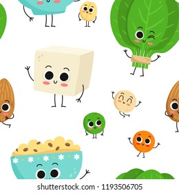 Cute vector seamless pattern with happy cartoon vegan protein characters isolated on white background: tofu, lentils, almond, oatmeal and spinach