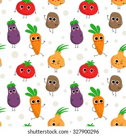 Cute vector seamless pattern with happy vegetable characters on dotted background: onion, eggplant, potato, carrot, tomato