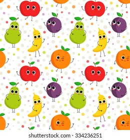 Cute vector seamless pattern with happy fruit characters on colorful dotted background