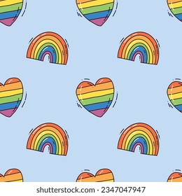 cute vector seamless pattern with heart and rainbow . LGBT colorful background