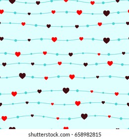 Cute Vector Seamless Pattern With Heart Shapes And Waves On Turquoise Or Mint.