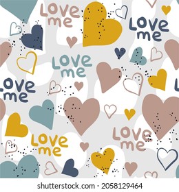 
Cute vector seamless pattern with hearts and "Love you" lettering. Childish background and texture for printing on fabrics and paper. Original and trendy hand drawn illustration for valentines day ho