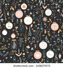 Cute vector seamless pattern with home decor cozy flowers pasted with duct tape. Embroidery on the hoop. Vintage scissors. A large collection of cute things in pastel tan on dark background.