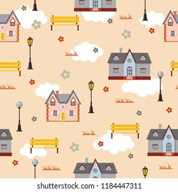 Cute vector seamless pattern with houses, benches,lights, flowers, clouds and grass. Urban background. Cozy town illustration. Autumn in the city