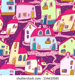 Cute vector seamless pattern of houses. Sweet bright background for childish designs, packaging paper, textile, etc. 
