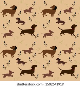 Cute vector seamless pattern hunting dog dachshund leaves flowers silhouette on yellow background perfect for fabric wrapping paper