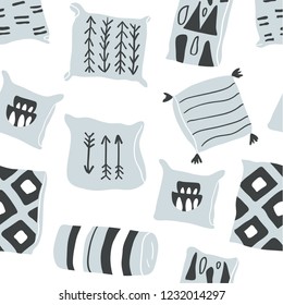 Cute vector seamless pattern with hygge elements - pillows. Autumn and winter mood. Stylish pillows textile design isolated on white background. Scandinavian style