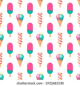 Cute vector seamless pattern with ice cream. Pattern for ice cream shop, gelateria or cafe. Summer bright pattern. Pink, lemon and mint color used. 