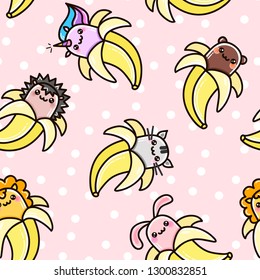 Cute vector seamless pattern. Kawaii bananas on pink background. Funny rabbit, cat, bear, hedgehog, unicorn and lion.