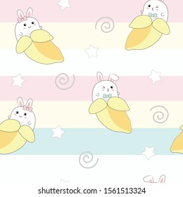 Cute vector seamless pattern. Kawaii bananas on rainbow background. Funny rabbit.