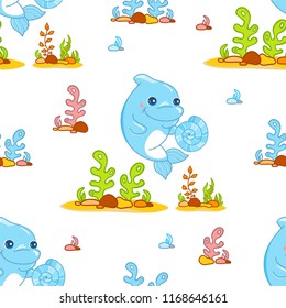 Cute vector seamless pattern in kids cartoon style. Kawaii smiling baby dolphin with seashell and cutie seaweeds, stones, corals on the sand. Backgrounds for kids room, textile, children’s design