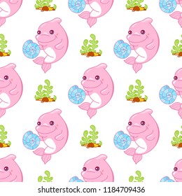 Cute vector seamless pattern in kids cartoon style. Kawaii baby girl dolphin with seashell and cutie seaweeds, stones, corals on the sand. Backgrounds for kids room, textile in pink and rose colors