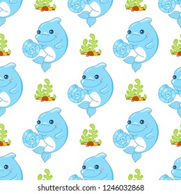 Cute vector seamless pattern in kids cartoon style. Kawaii smiling baby dolphin with seashell and cutie seaweeds, stones, corals on the sand. Backgrounds for kids room, textile, children’s design