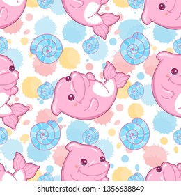 Cute vector seamless pattern in kids cartoon style. Kawaii smiling baby dolphin with seashell and water bubbles. For kids room, textile, children’s design. Background, fabric ornament, paper print