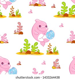 Cute vector seamless pattern in kids cartoon style. Kawaii baby girl dolphin with seashell and cutie seaweeds, stones, corals on the sand. Backgrounds for kids room, textile in pink and rose colors