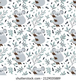 Cute vector seamless pattern with koala and leaves. Creative kids texture for fabric, wrapping, textile, wallpaper, apparel. 