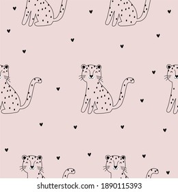 Cute Vector Seamless Pattern With Leopard. Summer Tropical Print In Flat Style