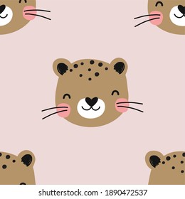 Cute vector seamless pattern with leopard. Summer tropical print in flat style