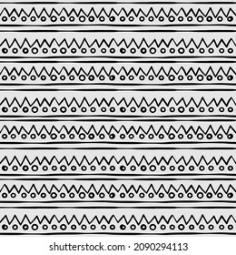 Cute vector seamless pattern with lines, zigzags and circles. Ethnic style repeating background blank for printing on fabrics and paper