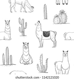 Cute vector seamless pattern with llamas and cactus on a white background