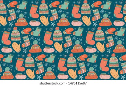 Cute vector seamless pattern with lots of winter warm clothes icons. Hat with pompom, mittens, socks, shoes. Winter knitted clothes in Scandinavian style. Doodle. Drawn naive style.