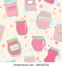 Cute vector seamless pattern with lovely jam jars. Pink, blue and green hand drawn elements on feminine abstract beige background with dots, swirls and hearts.