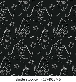 cute vector seamless pattern with loving dinosaurs and hearts. valentine's day print, wallpaper, background, design of notebooks, textiles and packaging paper. couple in love, animals, doodles