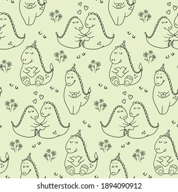 cute vector seamless pattern with loving dinosaurs and hearts. valentine's day print, wallpaper, background, design of notebooks, textiles and packaging paper. couple in love, animals, doodles