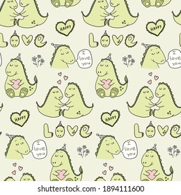 cute vector seamless pattern with loving dinosaurs and hearts. valentine's day print, wallpaper, background, design of notebooks, textiles and packaging paper. couple in love, animals, doodles