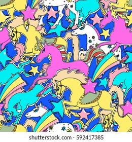 Cute vector seamless pattern. Magic stars, comets, horses unicorns.  Hand drawn  