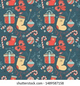 Cute vector seamless pattern with many icons for happy New year and Christmas. Holiday background with gift, Christmas balls, gift box, snowflakes, candy, Lollipop, decoration, Wallpaper.