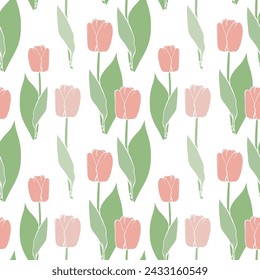 Cute vector seamless pattern of many tall tulips. Elegant outline flower icon, long thin stem, big leaves. Tender spring print. Beautiful design for packaging layout, store advertising, holiday card