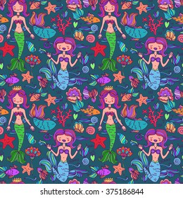 cute vector seamless pattern with mermaids and fishes in the sea. animated children's style.